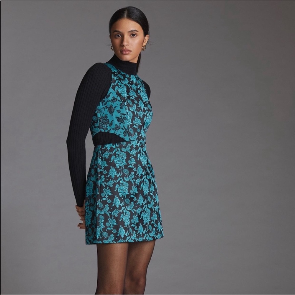 Anthropologie size 4 Hutch Floral Jacquard Cut-Out Mini Dress Baroque Blue Black